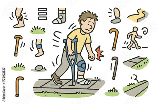 Injured Walker Illustration. Limping motion. Hand-drawn doodle illustration person walking (colored), uneven stride (colored), crutch (colored), cane