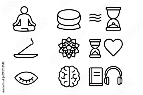 Mindfulness Icon Set. Meditation and mindfulness. Line icon set of meditation and mindfulness: lotus pose, cushion, breathing waves, mindfulness bell, incense