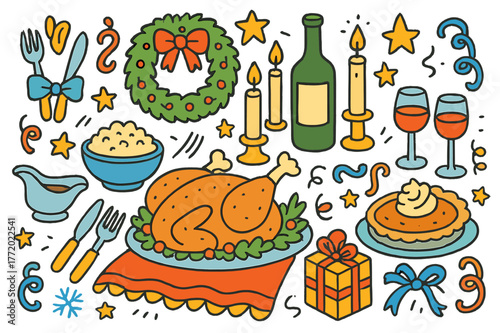 Festive Holiday Feast. Holiday feast. Colorful Hand-drawn doodle Children illustration Holiday feast roasted chicken, mashed potatoes, gravy boat, pumpkin pie,