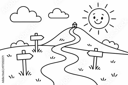 Friendly Pathway for Kids. Pilgrimages and spiritual travel children?s coloring book illustration, outlined drawing, a friendly path winding toward a distant