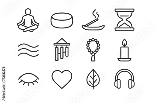 Mindfulness Icon Set. Mindfulness and meditation. Line icon set of mindfulness and meditation: lotus pose, cushion, incense holder, timer, breathing waves,