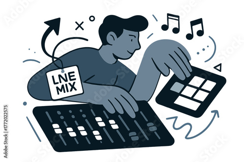 Dynamic Music Production. Soundboard & production. Faders glide as colored LEDs hop to the beat; ?Live mix? tag hangs on a cable. A hand taps a pad that bursts