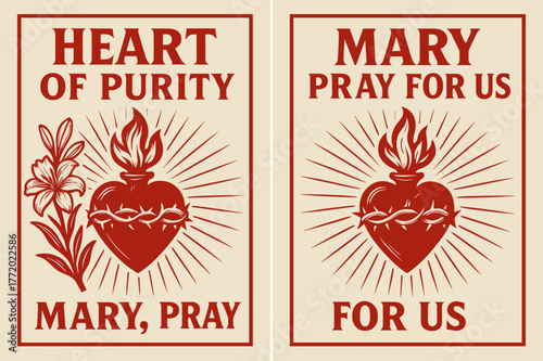 Immaculate Heart Banners. Immaculate Heart. Two vertical A6 banners with safe margins, centered composition, no elements touching edges, bold, red and beige,
