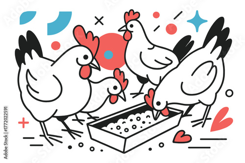 Geometric Poultry Art. Poultry Farm. Close-up of chickens pecking feed with floating abstract geometric shapes and glowing accents, lively and productive farm