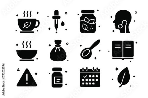 Sage Wellness Icons. Medicinal and wellness uses of sage. Solid icons set of Medicinal and wellness uses of sage: herbal tea cup, tincture dropper, infusion