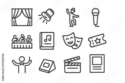 Musical Theater Icons. Musical Theater. Line icon set of Musical Theater: stage curtain, spotlight, dancing actor, microphone, orchestra pit, script book, mask