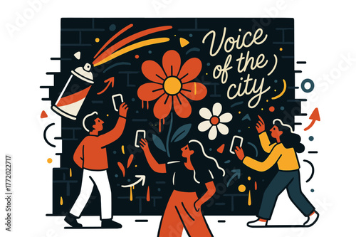 City's Vibrant Voice. Street art & graffiti. A mural blooms across a brick wall as a spray can leaves comet trails; ?Voice of the city? curls in neon script.