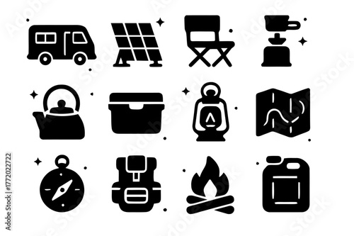 Camping Icon Collection. Campsite and Vanlife Nomads. Solid icons set of Campsite and Vanlife Nomads: camper van, solar panel, foldable chair, portable stove,