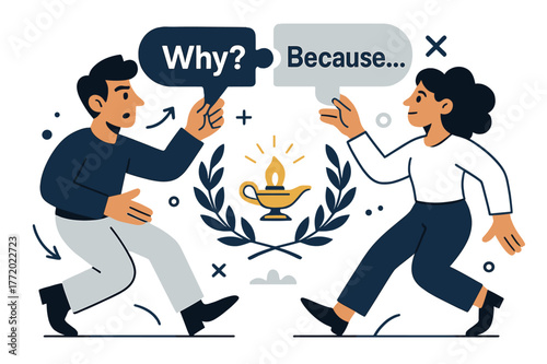 Socratic Puzzle Exchange. Socratic dialogue. Two figures trade speech bubbles shaped like puzzle pieces; ?Why?? and ?Because?? connect. A laurel wreath frames