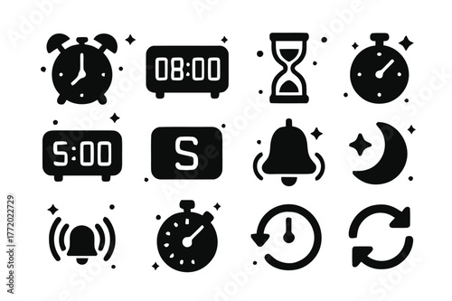Alarms and Timers Icons. Alarms and Timers. Solid icons set of Alarms and Timers: analog alarm clock, digital clock, hourglass, stopwatch, countdown digits,