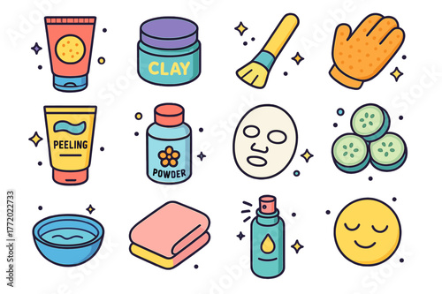 Skincare Icon Set. Exfoliation and masks. Colorful isometric vector icons set of Exfoliation and masks: face scrub tube, clay mask jar, brush applicator,