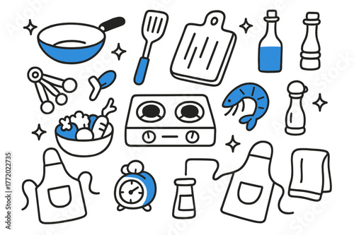 Stylish Kitchen Doodle. // Kitchen setup. Hand-drawn doodle illustration Kitchen setup [wok (accented), spatula (accented), cutting board (accented), stove,