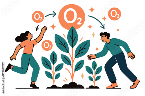 Photosynthetic Oxygen Visual. Oxygen. Plants producing oxygen via photosynthesis with abstract floating O2 molecules and sparkles; conveys ecology,