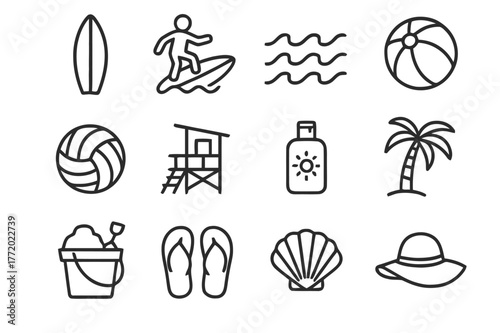 Coastal Activities Icons. Coastal activities. Line icon set of coastal activities: surfboard, surfer, waves, beach ball, volleyball, lifeguard tower, sunscreen