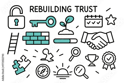 Trust Rebuilding Symbols. Rebuilding trust. Hand-drawn doodle illustration rebuilding trust [padlock opening (accented), key (accented), brick-by-brick wall