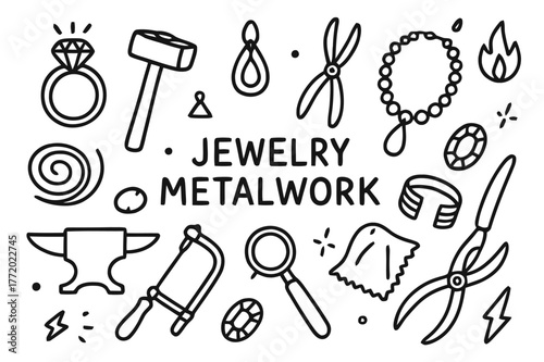 Jewelry Crafting Tools. Jewelry metalwork. Hand-drawn doodle illustration jewelry metalwork ring, necklace, hammer, pliers, anvil, wire, pendant, gemstone,
