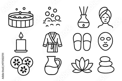 Spa Icons Set. Spa and Wellness. Line icon set of Spa and Wellness: jacuzzi, hot tub bubbles, towel wrap, aroma diffuser, candle, bathrobe, slippers, face