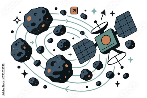Asteroid Mapping Exploration. Asteroid belt studies. Space probe mapping asteroid belt with abstract floating orbit lines, asteroids, and sparkles; conveys