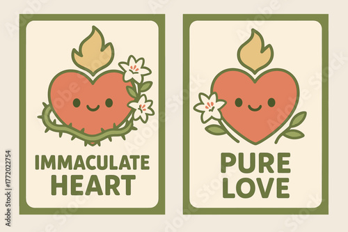 Immaculate Heart Banners. Immaculate Heart. Two vertical A6 banners with safe margins, centered composition, no elements touching edges, kawaii, olive green
