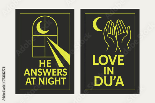 Night Prayer Banners. Night Prayers. Two vertical A6 banners with safe margins, centered composition, no elements touching edges, geometric, charcoal and neon