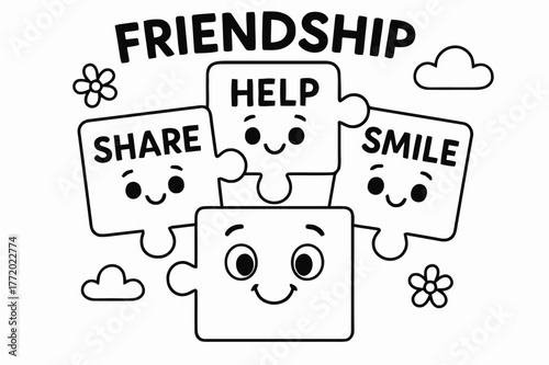 Friendship Puzzle Coloring Page. Friendship puzzle children?s coloring book illustration, outlined drawing, cartoon puzzle pieces labeled ?share,? ?help,? and