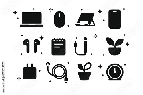 Minimalist Workspace Icons. Minimalist Remote Work Setup. Solid icons set of Minimalist Remote Work Setup: ultrabook, wireless mouse, compact stand,