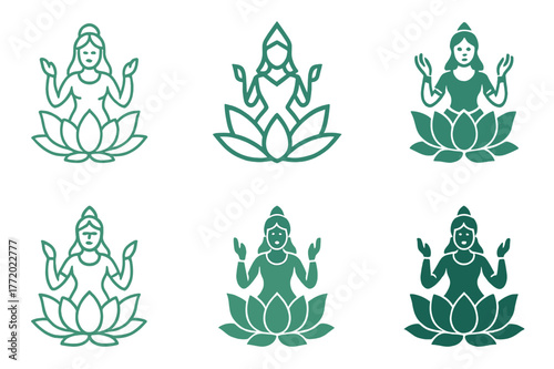 Mystical Deity Logos. Ancient gods and goddesses in a mystical landscape. Set Logo of Ancient gods and goddesses in a mystical landscape: Lakshmi lotus. Icon