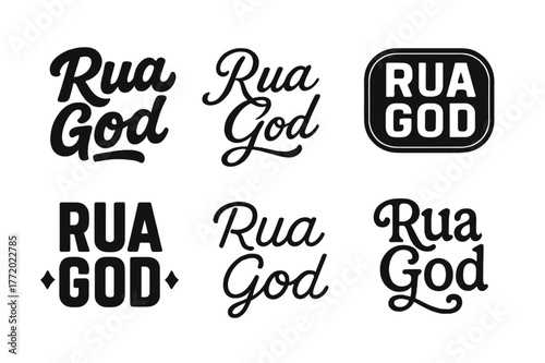 Diverse Lettering Styles. Rua God. Set lettering. harmonious lettering variations of the same emblematic concept, each with different artistic interpretation