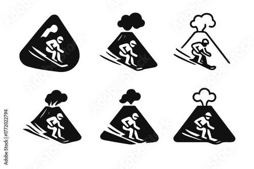 Volcano Boarding Logos. Volcano boarding. Set Logo of Volcano boarding: rider carving ash slope. harmonious logo variations of the same emblematic concept,