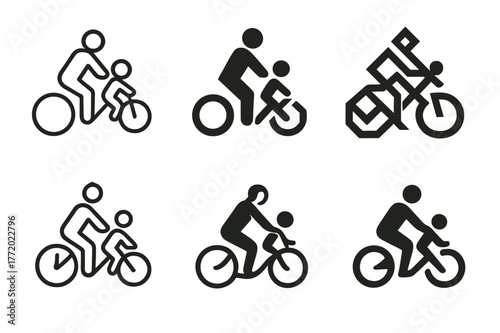 Family Biking Logos. Family biking. Set Logo of Family biking: parent and child on bikes. harmonious logo variations of the same emblematic concept, each with