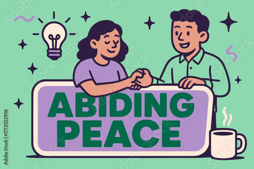 Abiding Peace Unity. Abiding Peace banner, flat vector illustration, bold oversized text inside sticker outline banner, cartoon characters standing and