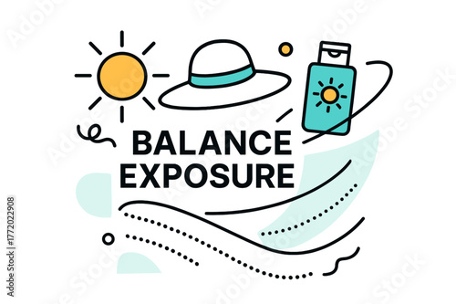 Sun Protection Essentials. Sun Protection Awareness. A sunhat and lotion bottle hover beside a glowing sun icon; ?Balance Exposure? text floats near dotted