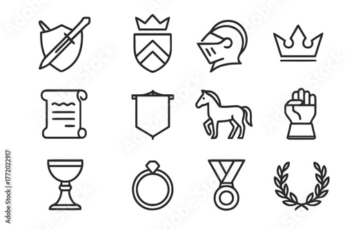 Knighthood Symbols Icons. Knighthood symbols. Line icon set of knighthood symbols: sword and shield, crest, helmet, crown, oath scroll, banner,