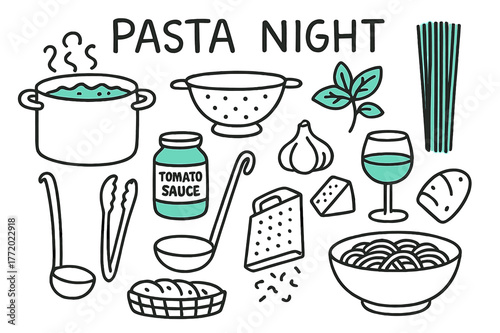 Pasta Night Doodles. // Pasta night. Hand-drawn doodle illustration Pasta night [boiling pot (accented), colander, spaghetti (accented), tomato sauce jar,