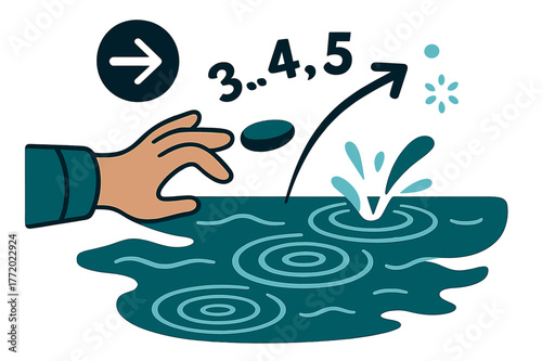 Stone Skipping Elegance. Pebble ? Ocean Toss. A hand skips a stone across calm waves; concentric splash circles expand in rhythm. Text ?......? arcs with the