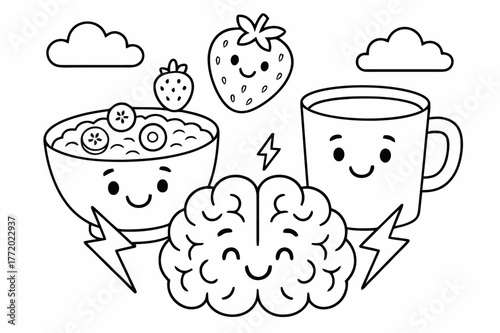 Brain Fuel Breakfast. Breakfast fuels the brain children?s coloring book illustration, outlined drawing, a cheerful bowl of oatmeal, fruit, and a milk cup