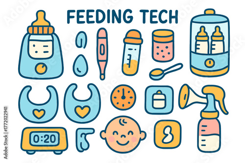 Colorful Infant Feeding Tech. Feeding tech. Colorful Hand-drawn doodle Children illustration Feeding tech bottle warmer, milk temperature display, formula
