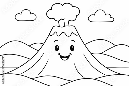Friendly Volcano Coloring. Volcano children?s coloring book illustration, outlined drawing, a friendly volcano with a smiling face and a gentle puff of ash