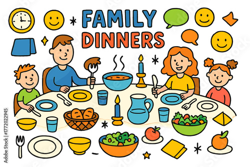 Family Dinner Doodles. Family dinners. Colorful Hand-drawn doodle Children illustration Family dinners dining table, plates, bowls, cutlery, steaming soup,