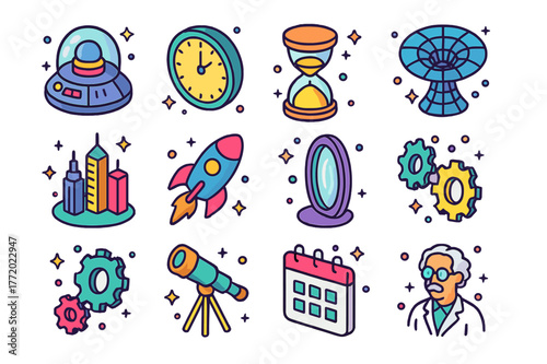 Time Travel Icons. Time travel concepts. Colorful isometric vector icons set of time travel concepts: time machine, clock, hourglass, wormhole, futuristic