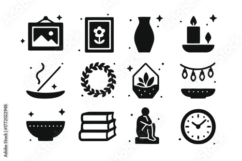 Homey Decor Icons. Homey Decor. Solid icons set of Homey Decor: picture frame, wall art, vase, candle, incense holder, wreath, terrarium, string lights,