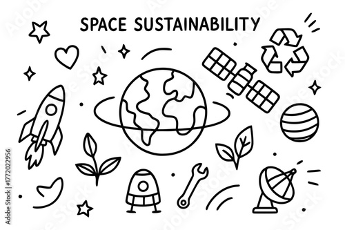 Space Sustainability Doodle. Space sustainability. Hand-drawn doodle illustration space sustainability Earth, recycle symbol, satellite, orbit ring, solar