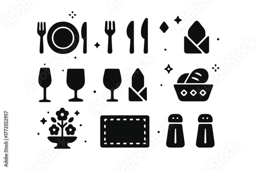 Elegant Table Icons. Evening Table Setting. Solid icons set of Evening Table Setting: plate, fork, knife, spoon, wine glass, water glass, napkin, bread basket,