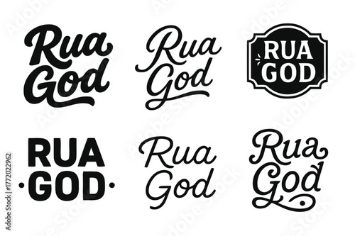 Diverse Lettering Styles. Rua God. Set lettering. harmonious lettering variations of the same emblematic concept, each with different artistic interpretation