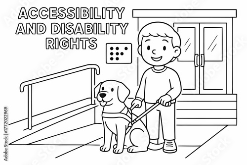 Accessible Building Entrance. Accessibility and disability rights children?s coloring book illustration, outlined drawing, building entrance with a ramp,