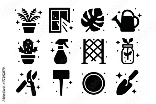 Botanical Icon Grid. Window Light and Plants. Solid icons set of Window Light and Plants: potted fern, monstera leaf, cactus, watering can, mister spray,