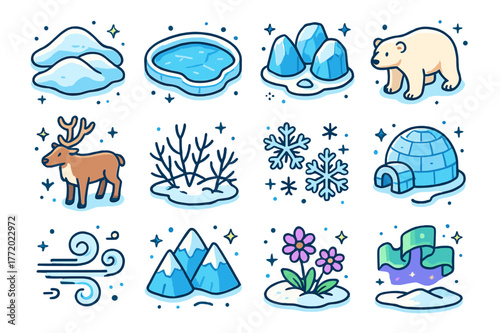 Winter Tundra Icons. Winter tundra. Colorful isometric vector icons set of winter tundra: snow-covered hills, frozen lake, icy rocks, polar bear, reindeer,