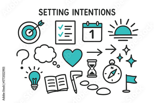 Intentions Symbol Doodle. // Setting intentions. Hand-drawn doodle illustration setting intentions [target symbol (accented), checklist, calendar