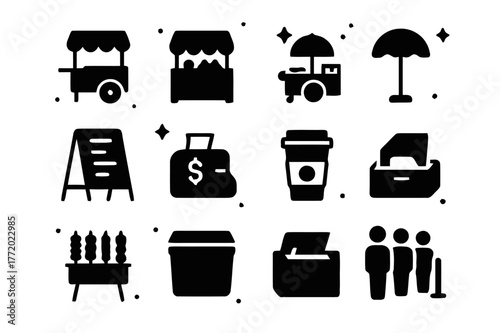 Street Vendor Icons. Street vendors and markets. Solid icons set of Street vendors and markets: food cart, fruit stall, hot dog stand, coffee kiosk, umbrella,