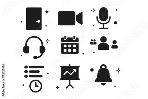 Meeting Icons Set. Meeting Reminders. Solid icons set of Meeting Reminders: meeting room door, video camera, microphone, headset, calendar invite, participant